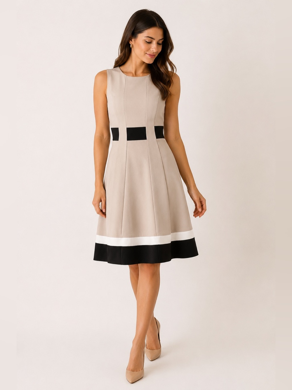 Calvin Klein Fit & Flare Color-block | Size 2 | Beige & Black Sleeveless Dress